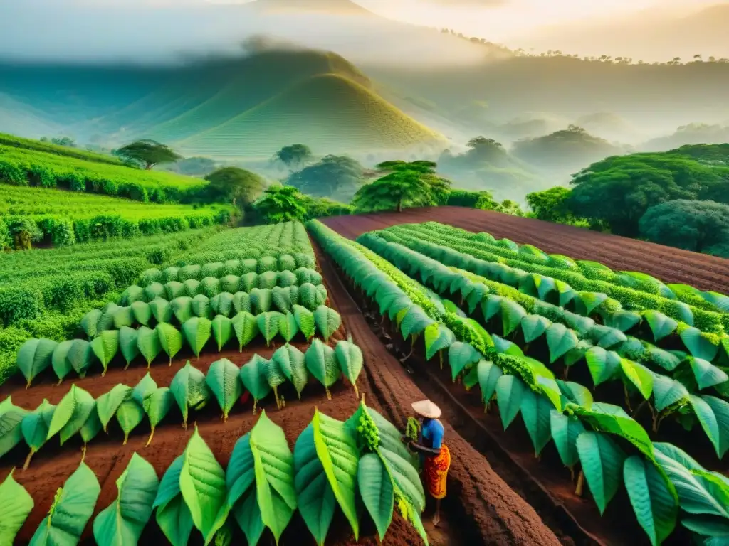 Plantación de cacao en Ghana al amanecer con influencia africana en la gastronomía gourmet