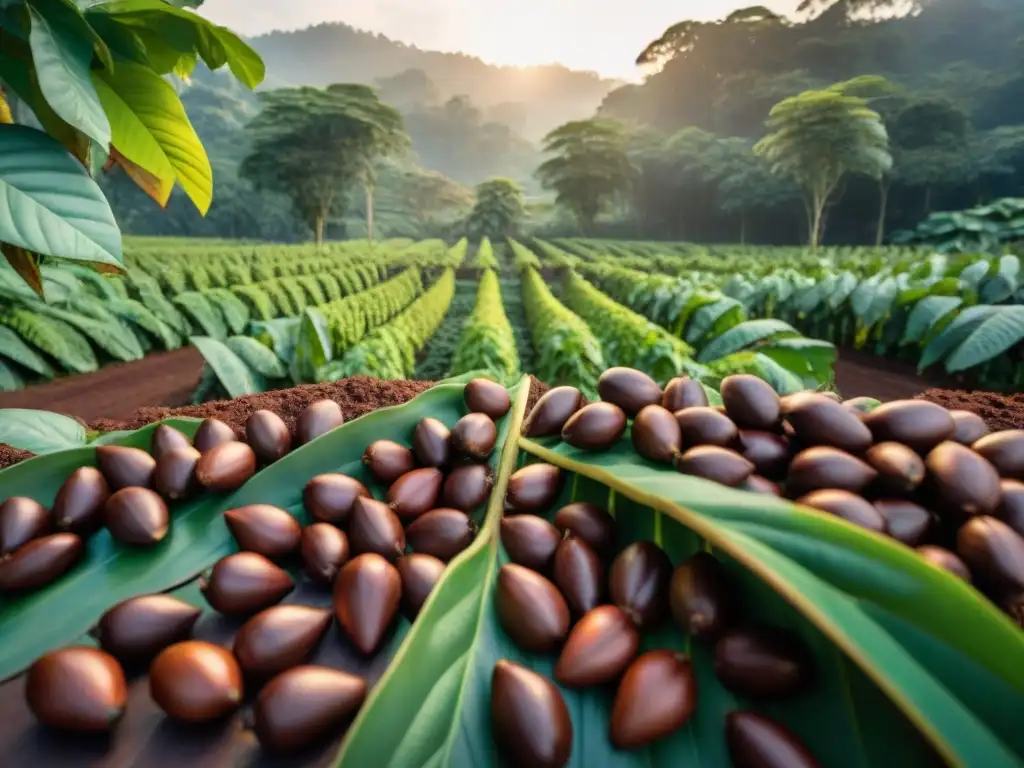 Plantación de cacao al amanecer con maestros chocolateros innovadores cosechando los frutos