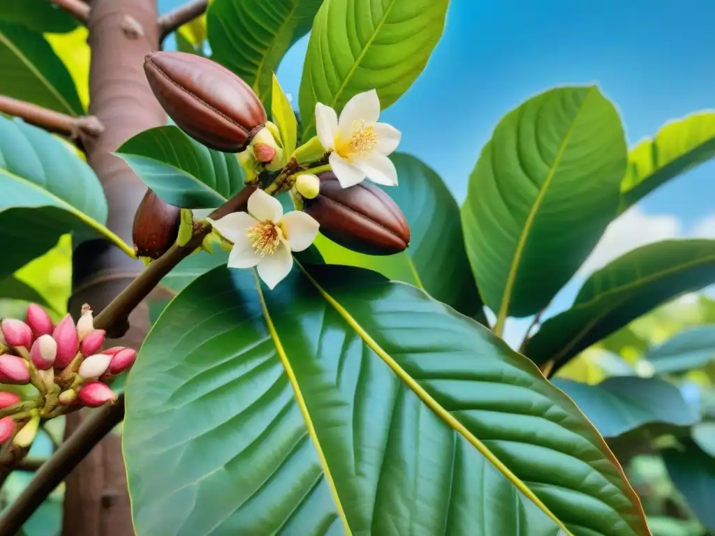 Un cacao en pleno esplendor, con flores, hojas verdes y vainas maduras, en una plantación bajo cielo azul