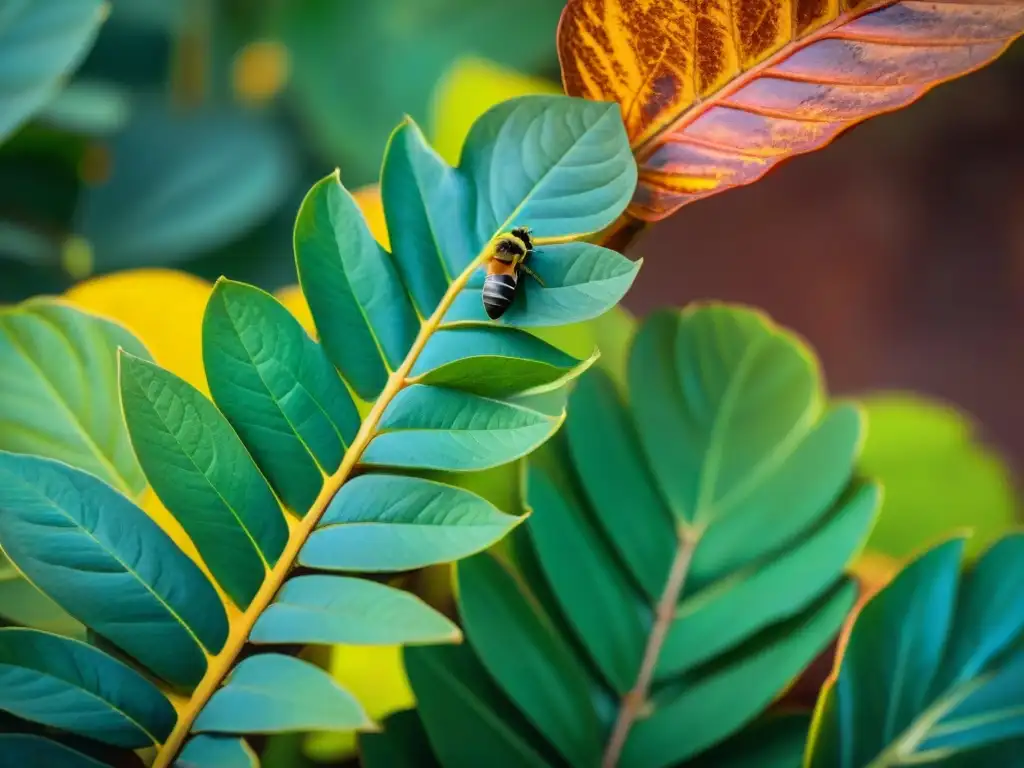 Plantación de cacao soleada con árboles cargados de coloridas vainas, detalles vibrantes y vida natural