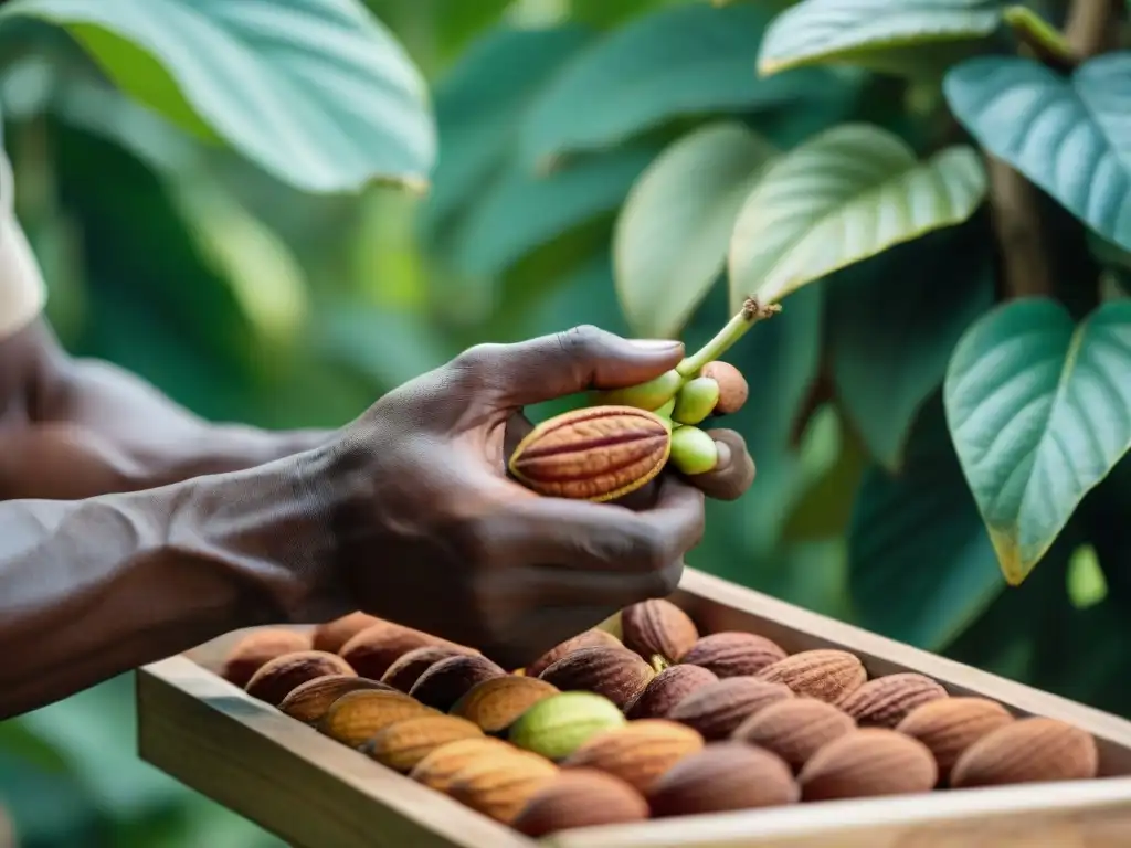 Un cacaotero artesanal cosecha y procesa cacao gourmet en una plantación soleada