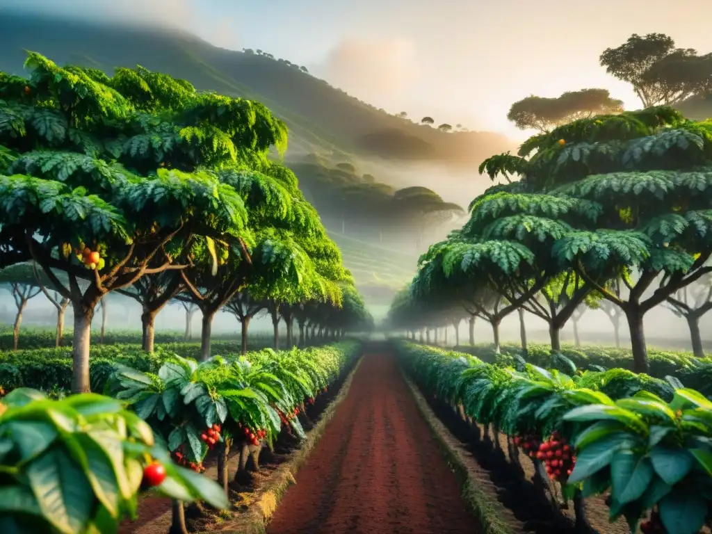 Plantación de café antiguo al amanecer, con árboles cargados de cerezas rojas bajo la luz dorada