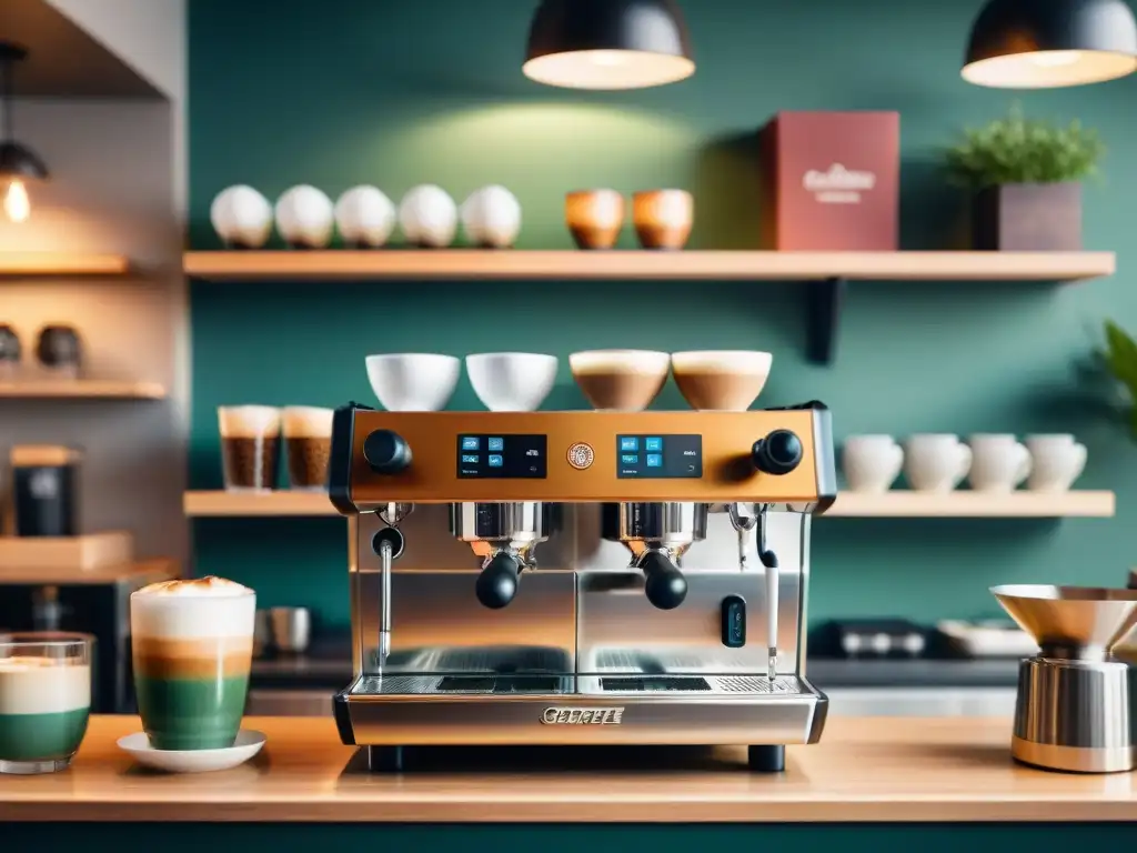 Un café bullicioso con clientes diversos disfrutando bebidas especiales, baristas creando arte en el café y ambiente moderno y acogedor