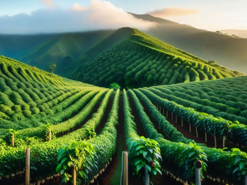 Plantación de café exuberante al amanecer con beneficios café para salud en un paisaje sereno de montañas brumosas