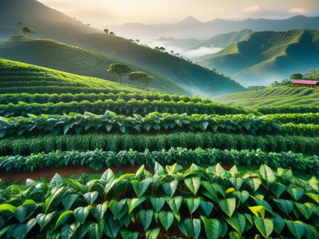 Plantación de café exuberante al amanecer con trabajadores recolectando cerezas de café