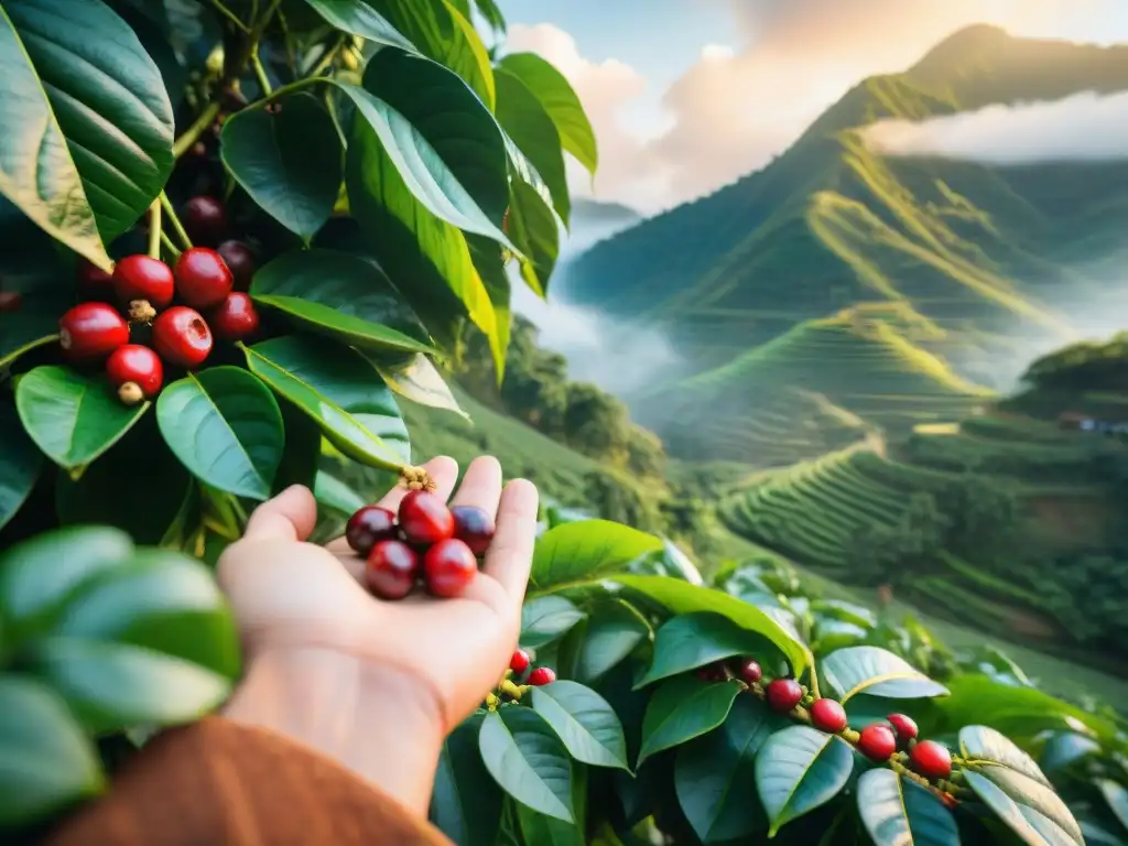 Plantación de café exuberante al amanecer, con trabajadores recolectando cerezas de café a mano