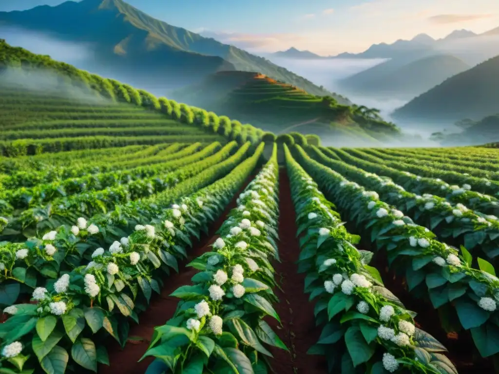 Plantación de café exuberante al amanecer, con montañas neblinosas al fondo