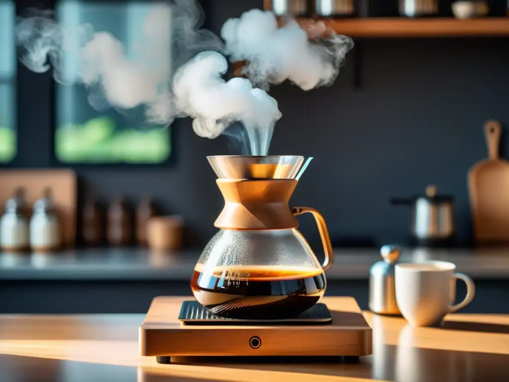 Un café goteo siendo vertido en Chemex, resaltando los tonos dorados y el vapor