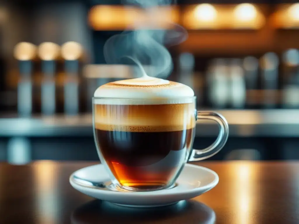 Un café gourmet de alta calidad con crema y vapor, en un acogedor café con barista y granos de café