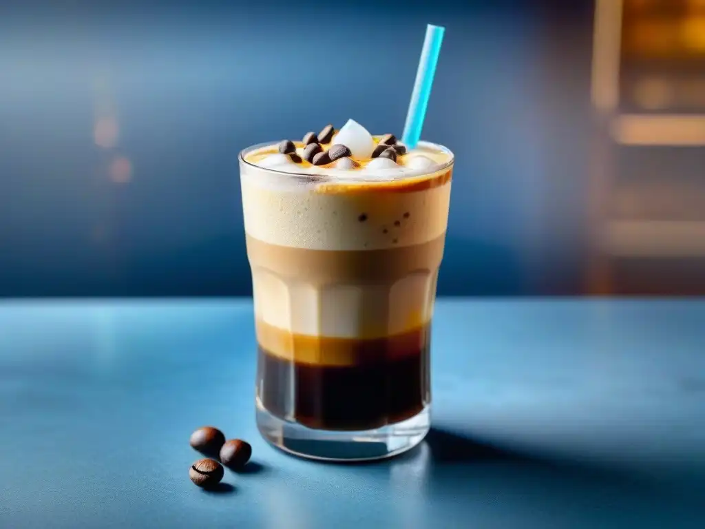 Un café helado con capas perfectas: espresso, leche cremosa, cubos de hielo, granos de café y garnituras elegantes