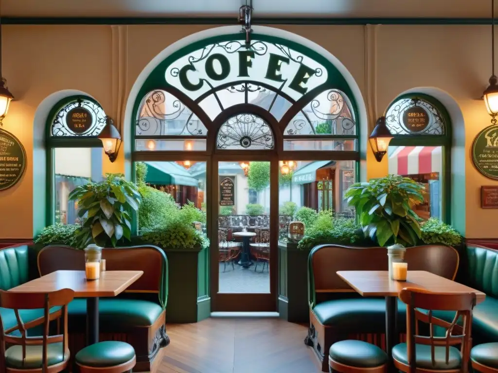 Encantador café histórico con arquitectura Art Nouveau detallada Un café histórico con arquitectura Art Nouveau, detalles de hierro forjado y encantadora zona de terraza