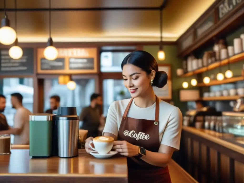 Un café histórico bullicioso con clientes diversos disfrutando del ambiente cálido y decoración vintage