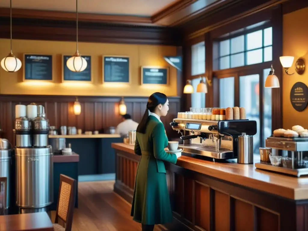 Un café histórico rebosante de vida y elegancia, donde los comensales de distintas épocas charlan animadamente sobre tazas de café humeante