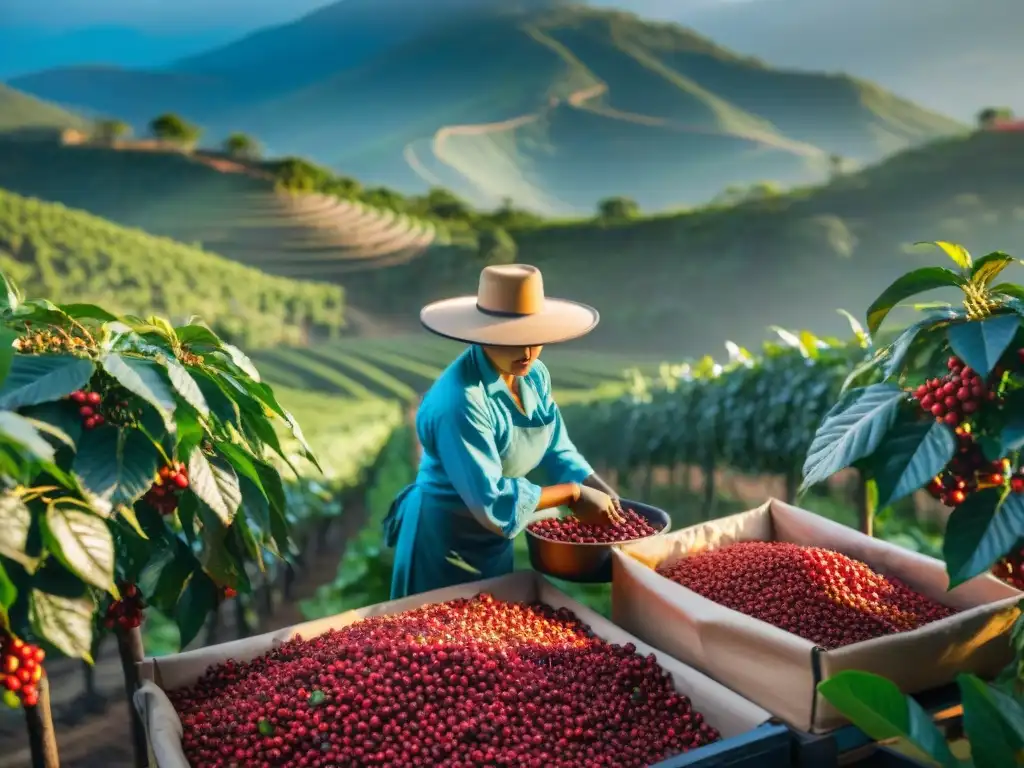 Plantación de café mexicano al amanecer, con trabajadores recolectando cerezas rojas