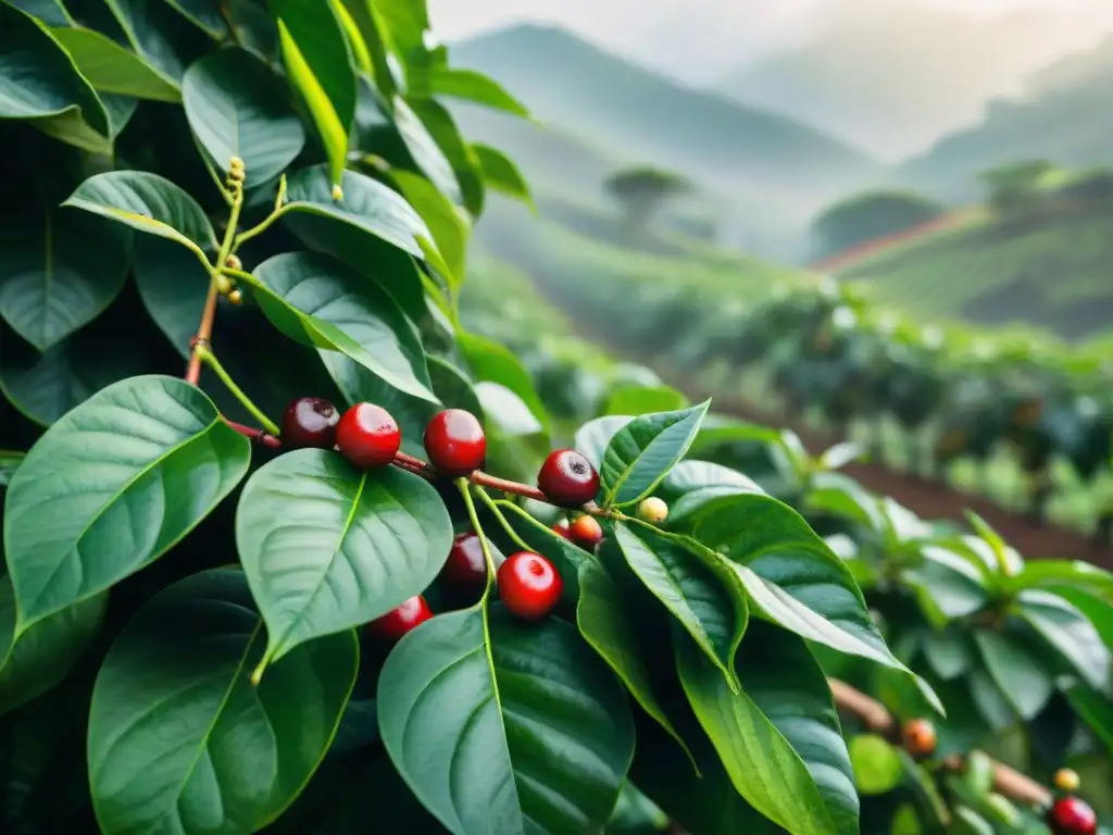 Un café plantado con amor: hojas verdes brillantes, flores blancas y cerezas rojas maduras en una plantación de café