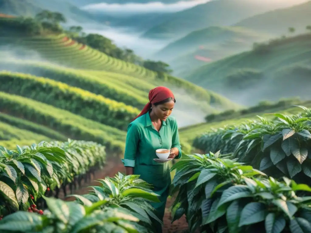 Plantación de café al amanecer con cafés gourmet de alta calidad, trabajadores cosechando con dedicación en un escenario tranquilo y sereno