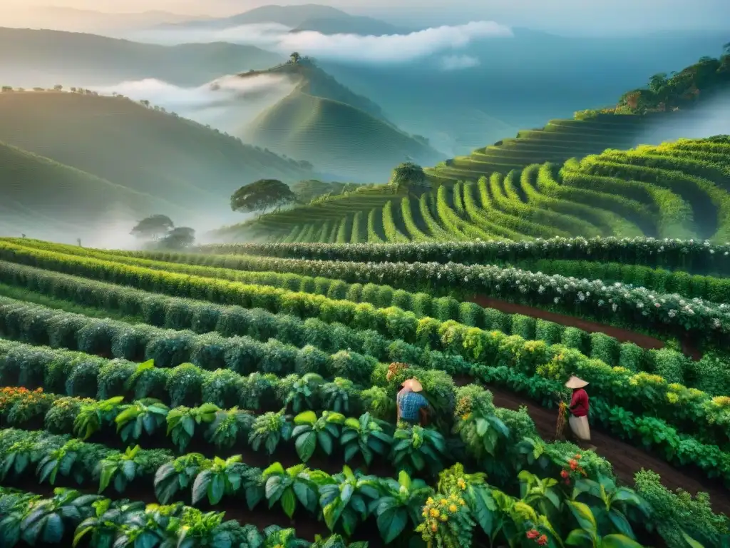 Plantación de café al amanecer, cafés responsables sostenibilidad catado, cosecha manual y armonía con la naturaleza