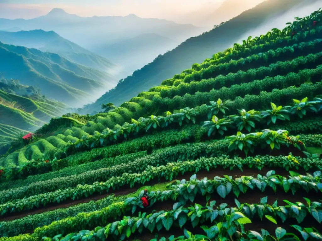 Plantación de café al amanecer, cafés responsables sostenibilidad catado, con trabajadores cuidando las plantas y recolectando cerezas rojas