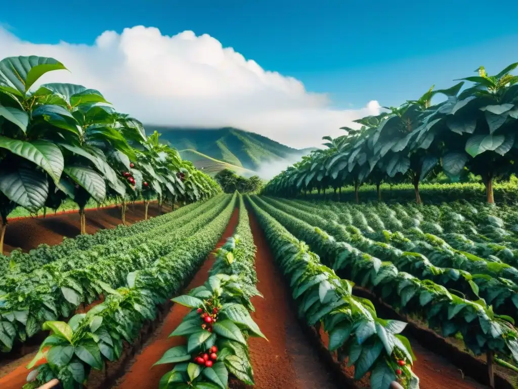 Un cafetal exuberante y sostenible bajo un cielo azul, con plantas de café maduras listas para la cosecha