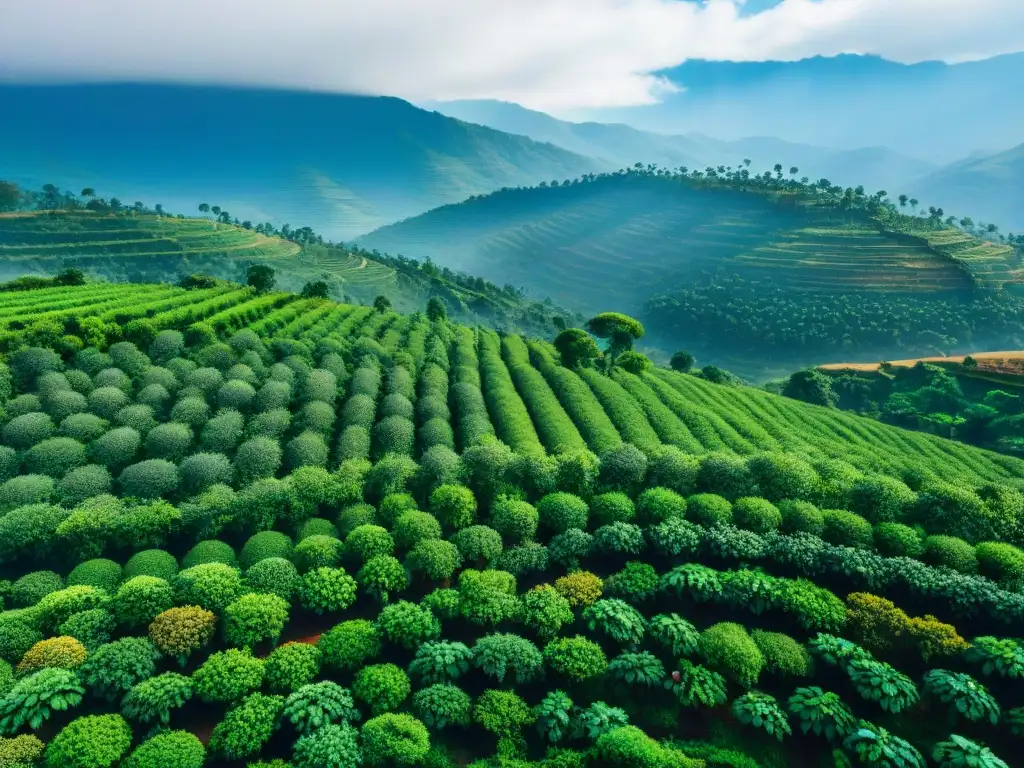 Plantación de café en Etiopía: cafetales verdes bajo cielo azul, recolección tradicional