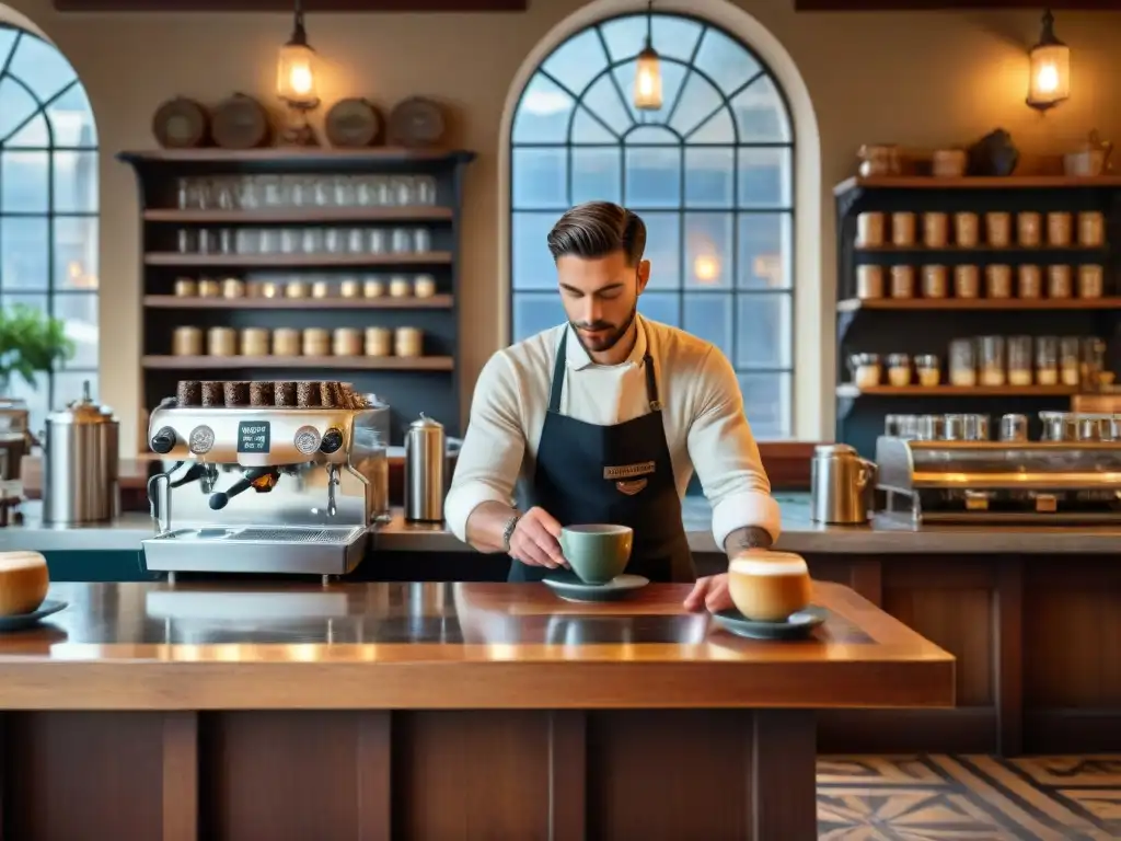 Una cafetería acogedora en Europa con detalles antiguos y espresso