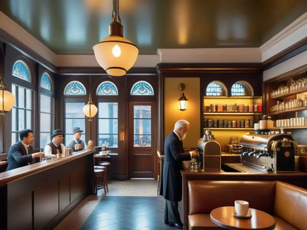 En una cafetería antigua, un barista vierte café mientras los clientes disfrutan de conversaciones animadas en un ambiente lleno de historia y encanto