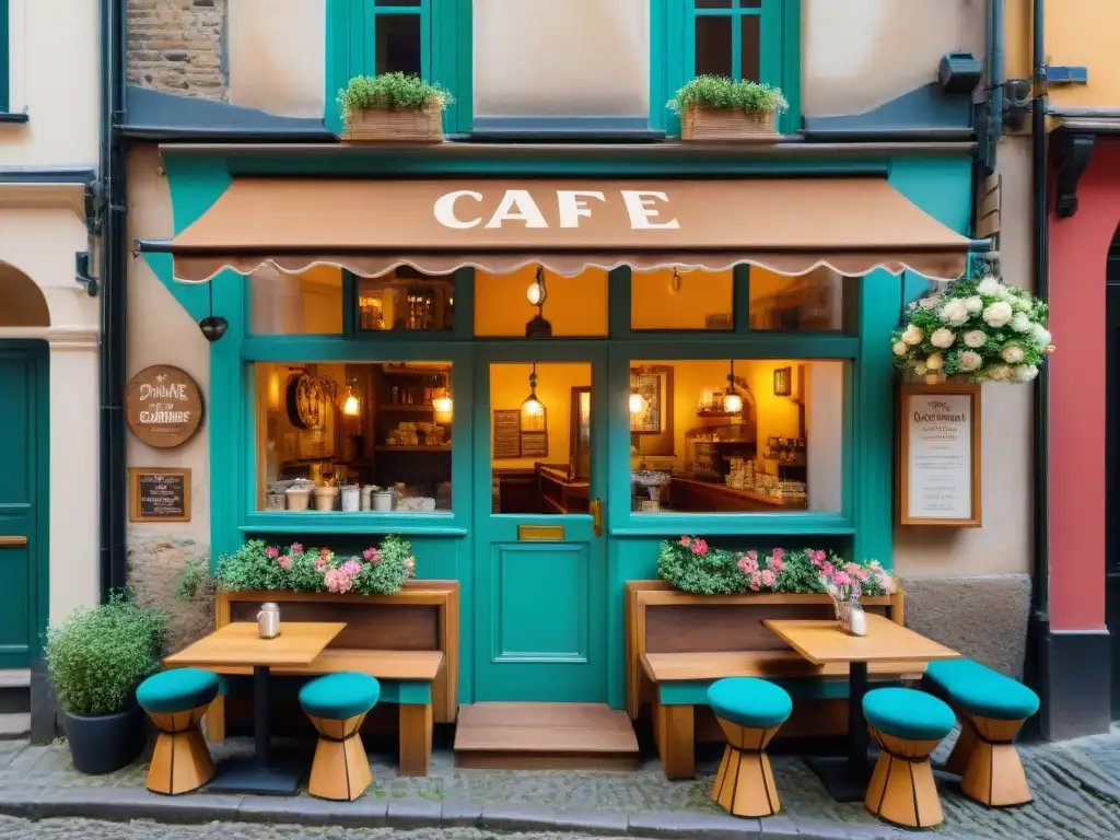 Una cafetería encantadora en una pintoresca calle de Europa