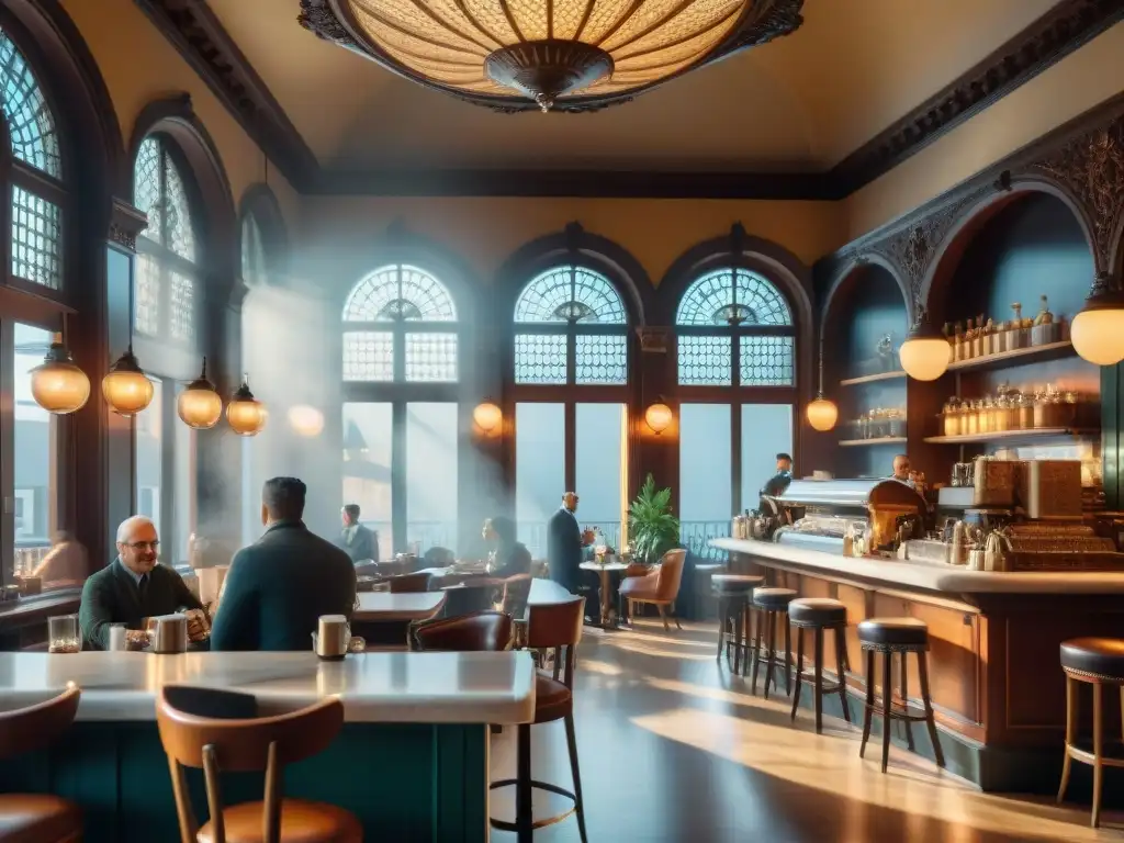 Café histórico: detalle y elegancia en alta resolución Cafetería histórica con arquitectura detallada, historia y café, donde se mezcla la elegancia y la sofisticación en cada rincón