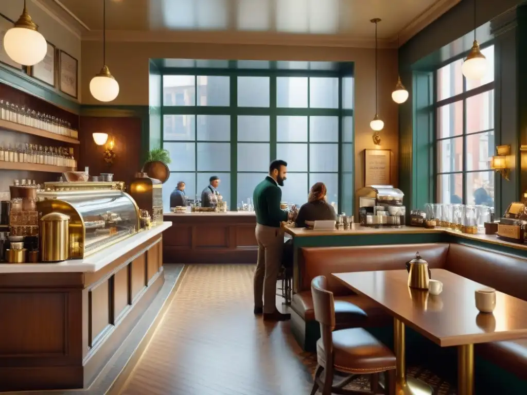 En una cafetería histórica bulliciosa, con muebles de madera ornamentados y suelos de mosaico, clientes diversos disfrutan de café en un ambiente acogedor y elegante