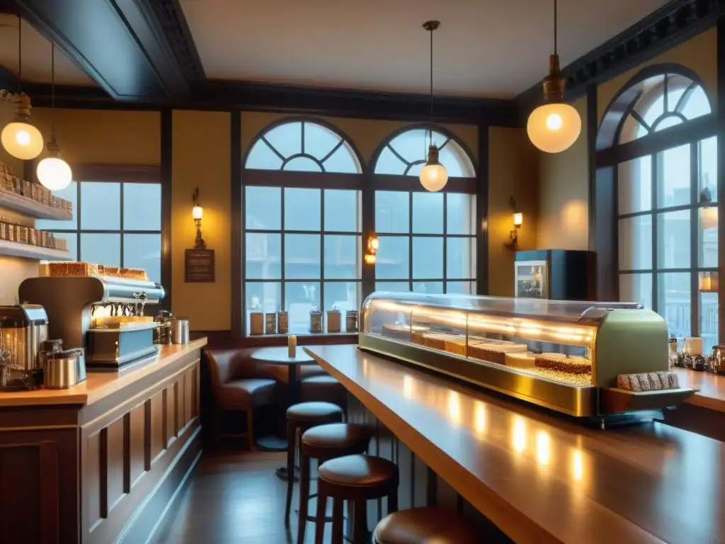 Café histórico lleno de vida y encanto con latte art y delicias En una cafetería histórica bulliciosa, con techos ornamentados, muebles antiguos y estantes llenos de tazas vintage y bolsas de café