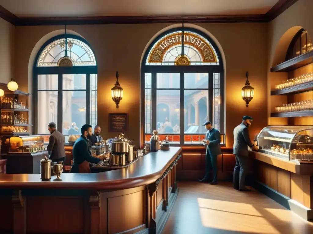 Interior detallado de café histórico: ambiente cálido y tradicional Una cafetería histórica con detalles arquitectónicos ornamentados y ambiente tradicional, donde se prepara café gourmet