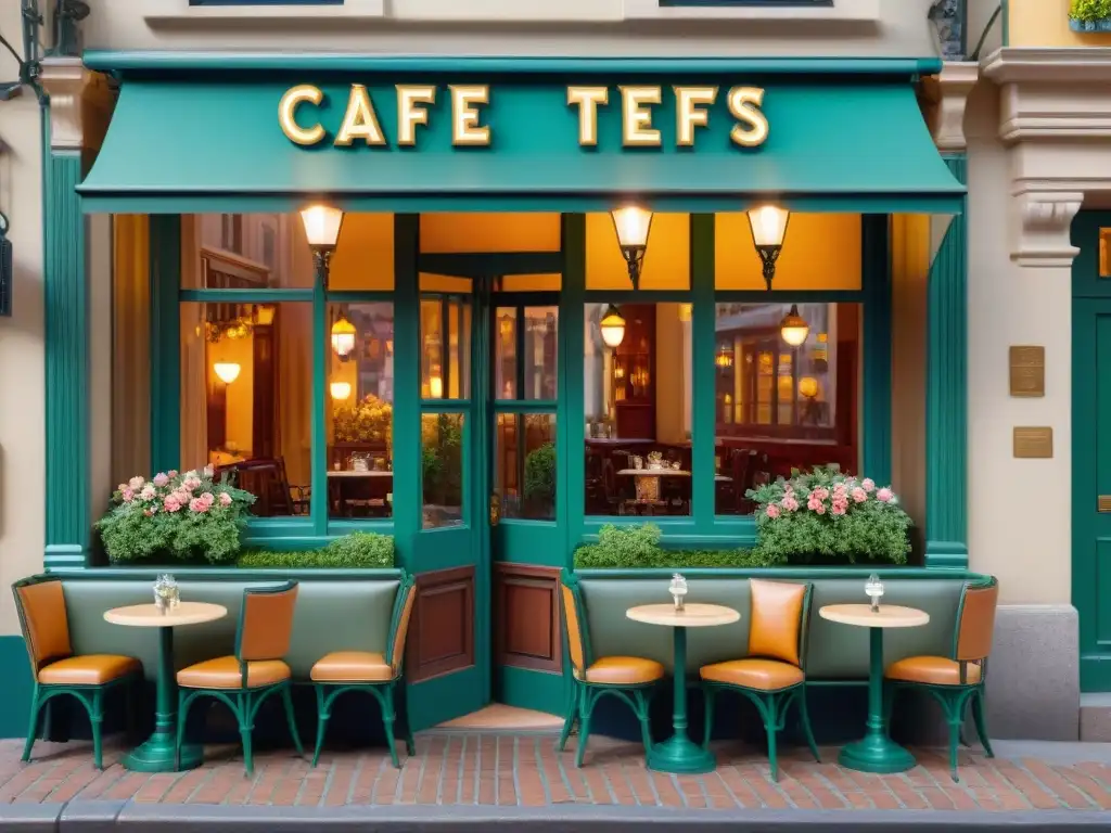 Encantador café histórico en calle empedrada Una cafetería histórica en una encantadora calle empedrada, con detalles arquitectónicos detallados y un ambiente romántico de antaño