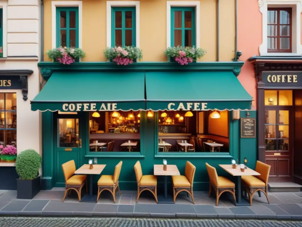 Café histórico en Europa: escena detallada y ultrarrealista Una cafetería histórica con encanto en Europa, mesas al aire libre, clientes disfrutando de café y pasteles bajo flores, luces cálidas al atardecer