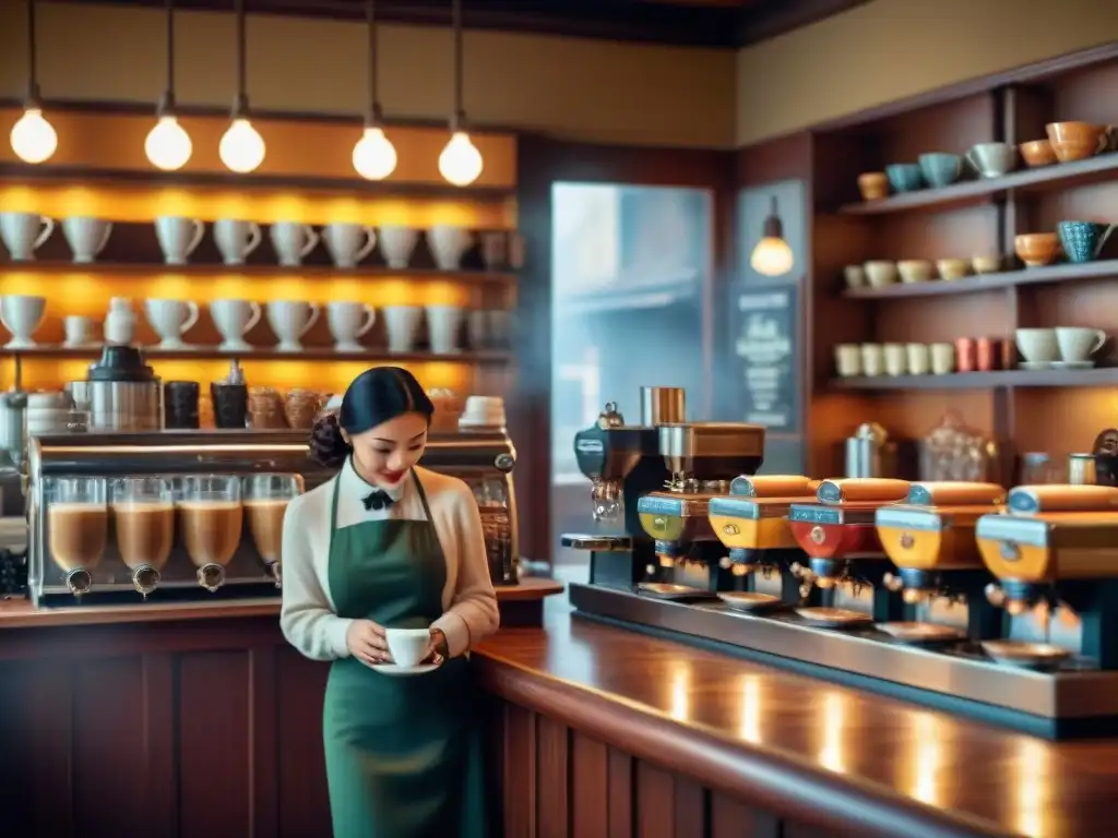 Exquisita cafetería histórica: un viaje al pasado del café Una cafetería histórica llena de encanto, con máquinas de café antiguas y tazas vintage, donde los clientes disfrutan de aromático café