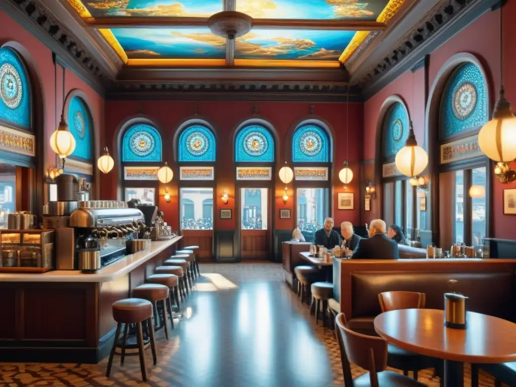 Café histórico: escena detallada y nostálgica Una cafetería histórica llena de encanto, con muebles de madera, máquinas de café vintage y clientes disfrutando de espresso y pasteles