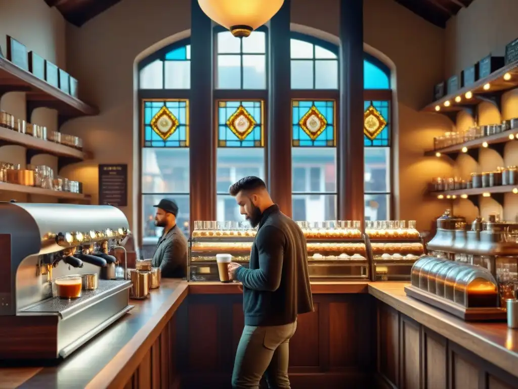 Una cafetería histórica llena de vida, con arquitectura victoriana detallada, barista preparando café especial y clientes disfrutando