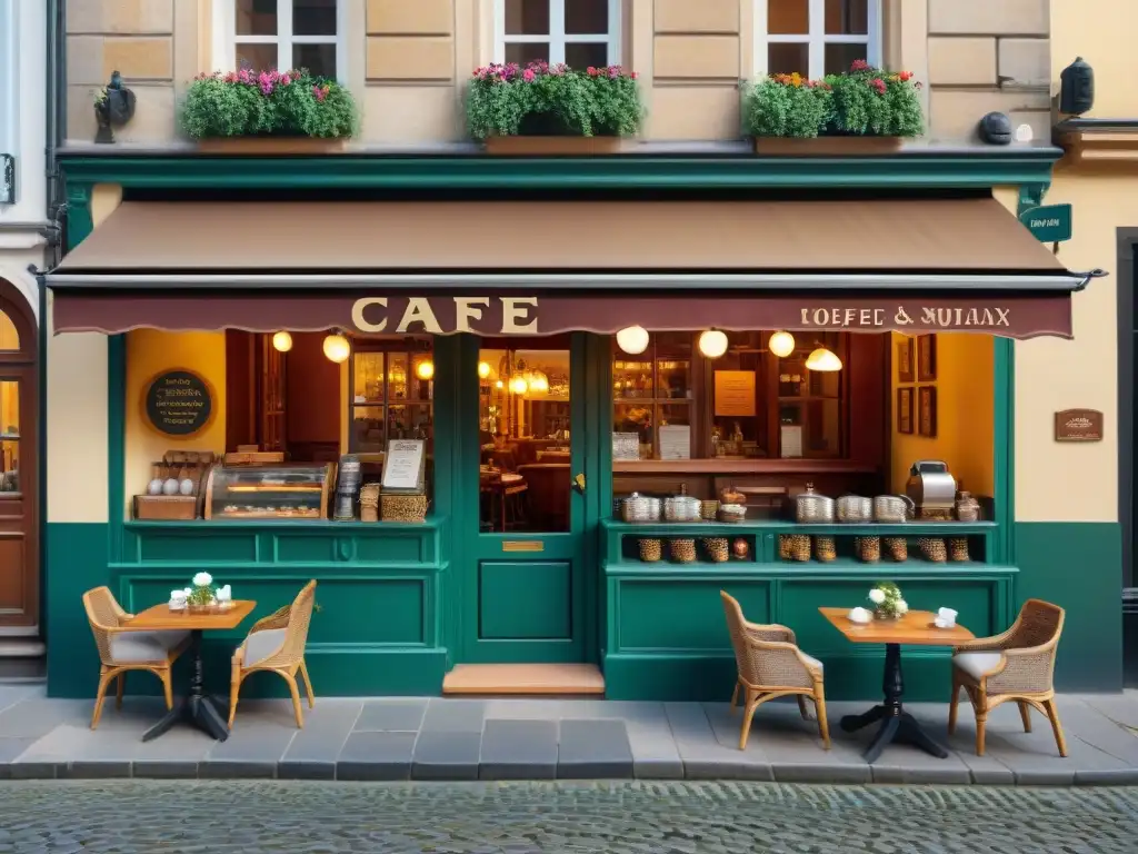 Una cafetería histórica en una plaza europea, con detalles ornamentados y ambiente acogedor