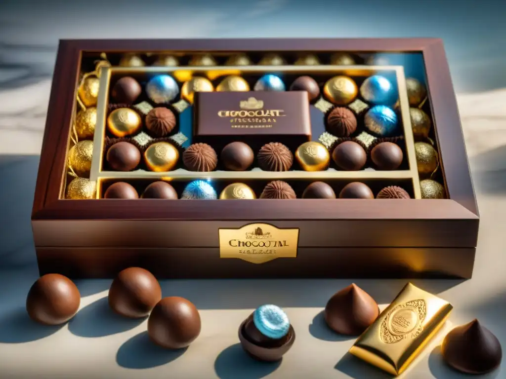 Una caja de chocolates gourmet impactante, repleta de exquisitas delicias artesanales en un ambiente lujoso y detallado