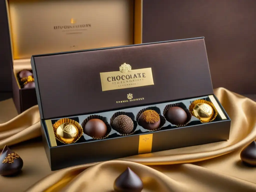 Caja de suscripción chocolates gourmet con diseño elegante, oro y terciopelo, exudando lujo y exclusividad