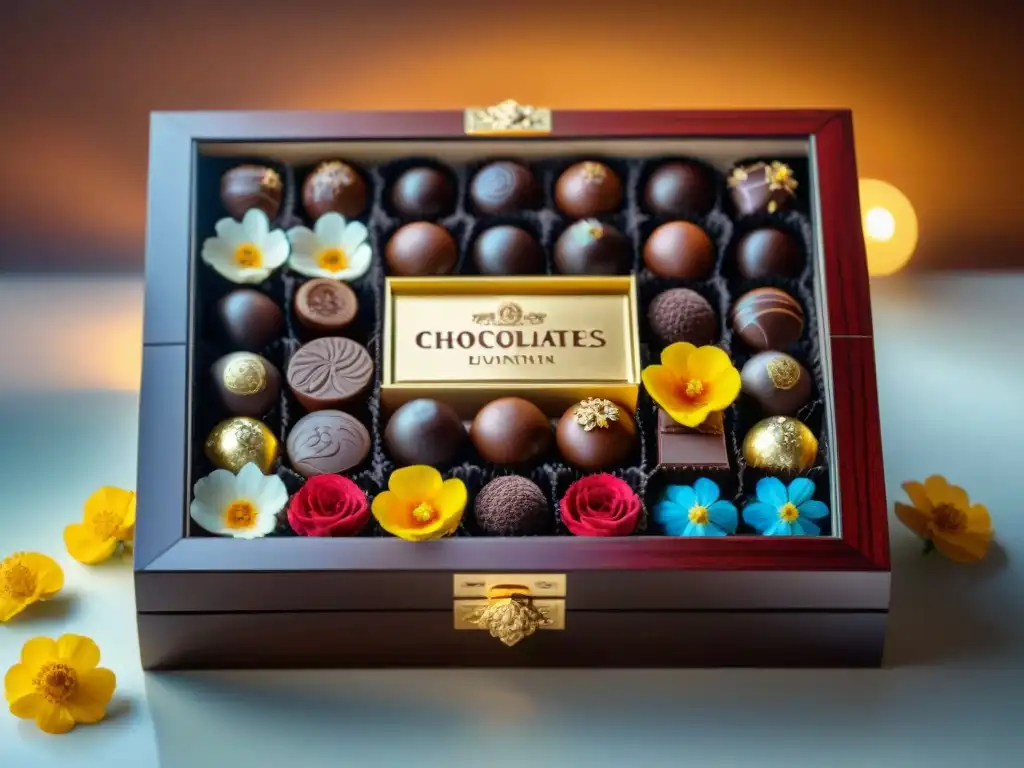 Caja de lujo con exclusivos chocolates del mundo, decorados con oro y flores comestibles