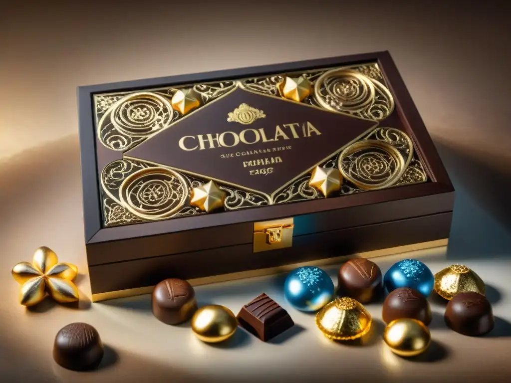 Una caja de madera exquisitamente detallada rebosante de chocolates premium decorados con diseños intrincados y escamas de oro