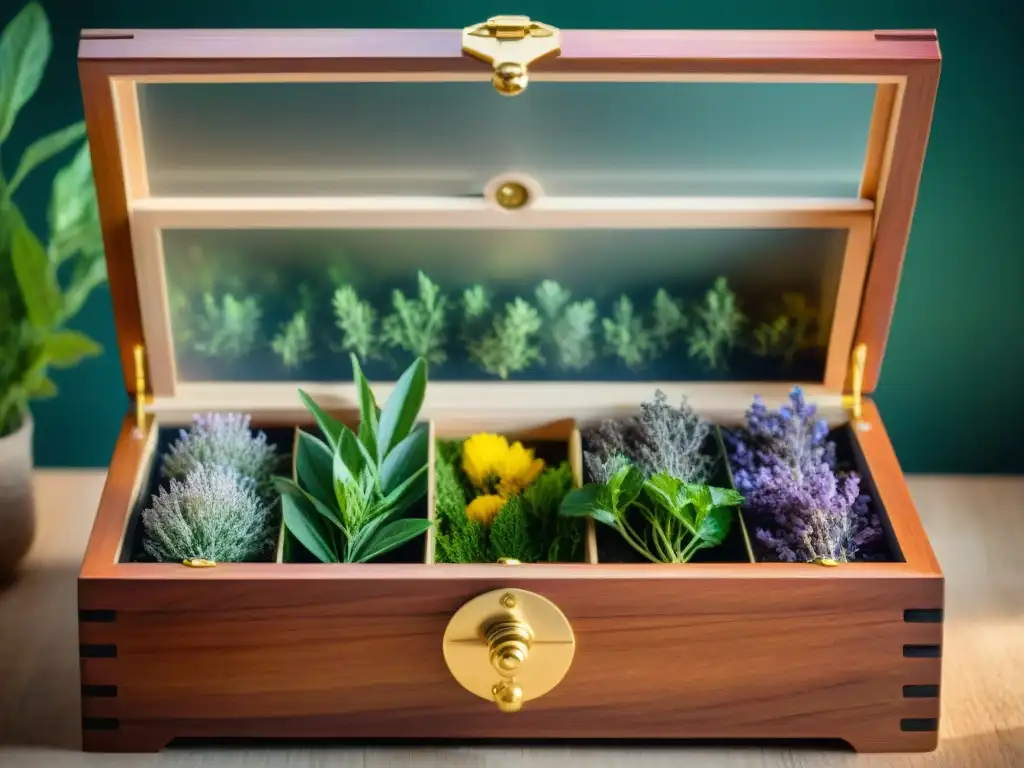 Una caja de madera llena de hierbas aromáticas para infusiones gourmet