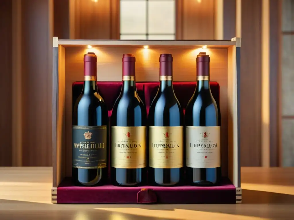 Experiencia de vinos de lujo: caja de madera con vinos premium Una caja de madera lujosa llena de vinos gourmet de viñedos exclusivos, rodeada de terciopelo burdeos