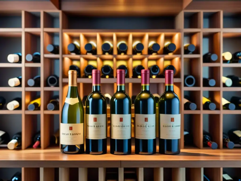 Caja de vino de lujo: exclusividad en cada botella Una caja de madera lujosa llena de vinos exclusivos, etiquetas elegantes, en un entorno refinado de una bodega