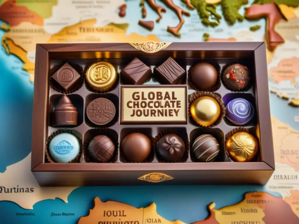 Una caja de madera lujosa rebosante de chocolates exquisitos del mundo, con detalles dorados y un mapa de fondo