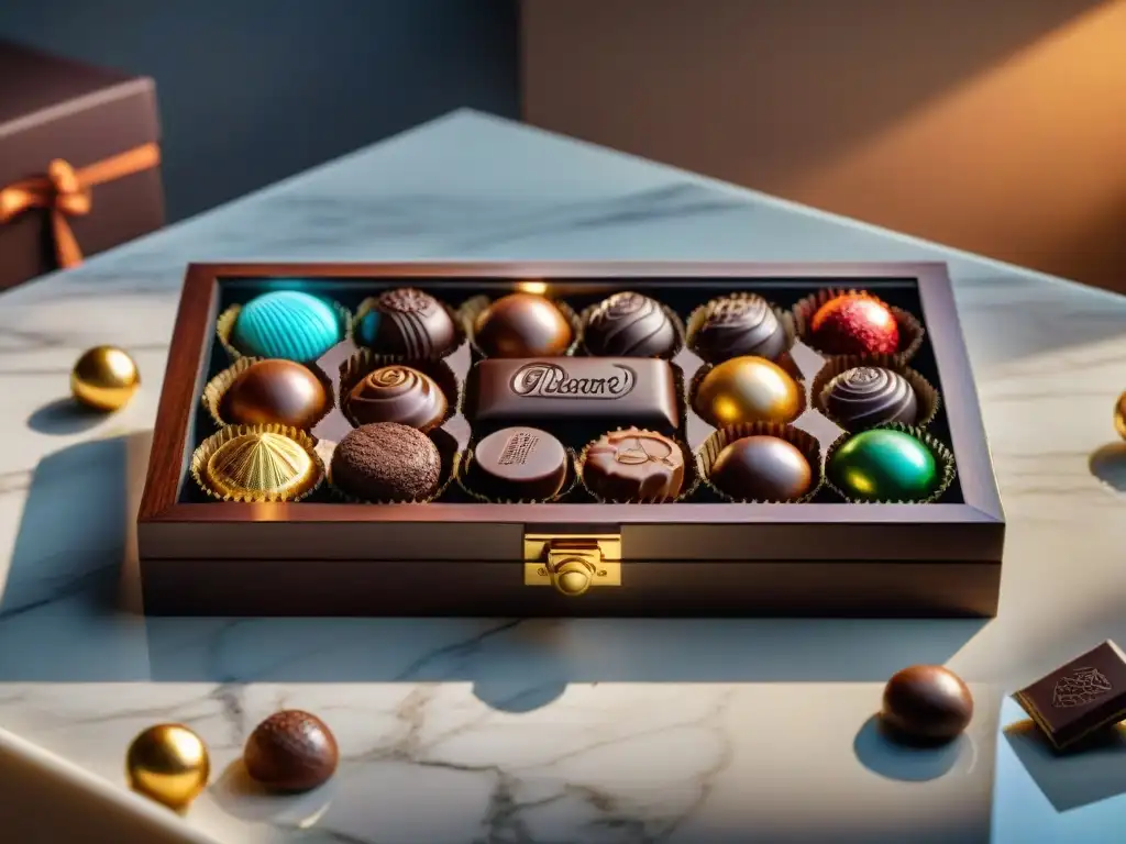 Una caja de madera lujosa rebosante de exquisitos chocolates de todo el mundo