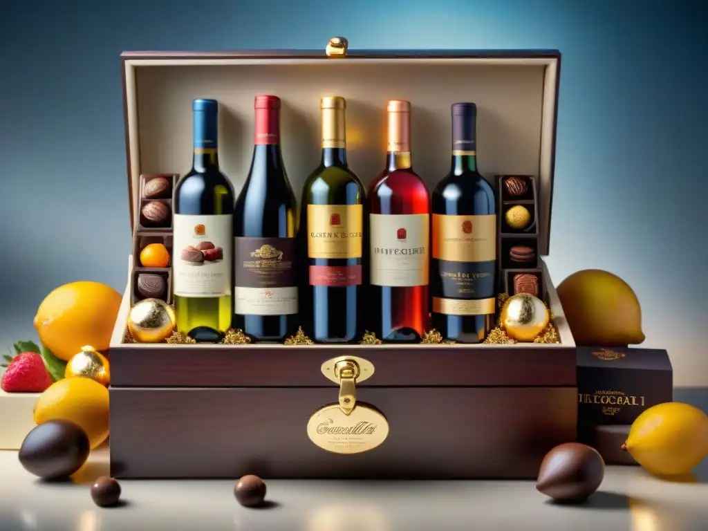 Una caja de madera lujosa repleta de exquisitos chocolates y vinos variados, ideal para maridajes gourmet