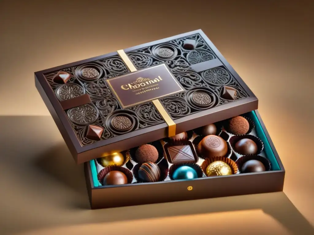 Una caja de madera lujosa repleta de exquisitos chocolates artesanales, ideal para suscripciones gourmet