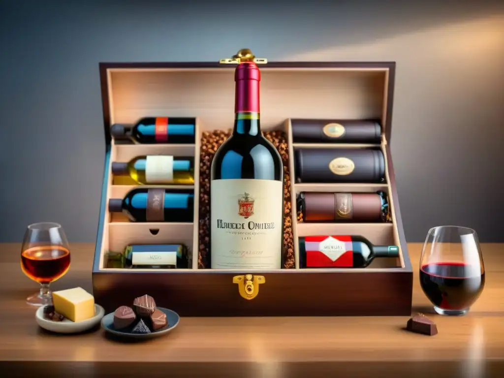 Una caja de madera lujosa repleta de vinos y chocolates gourmet, ideal para maridaje