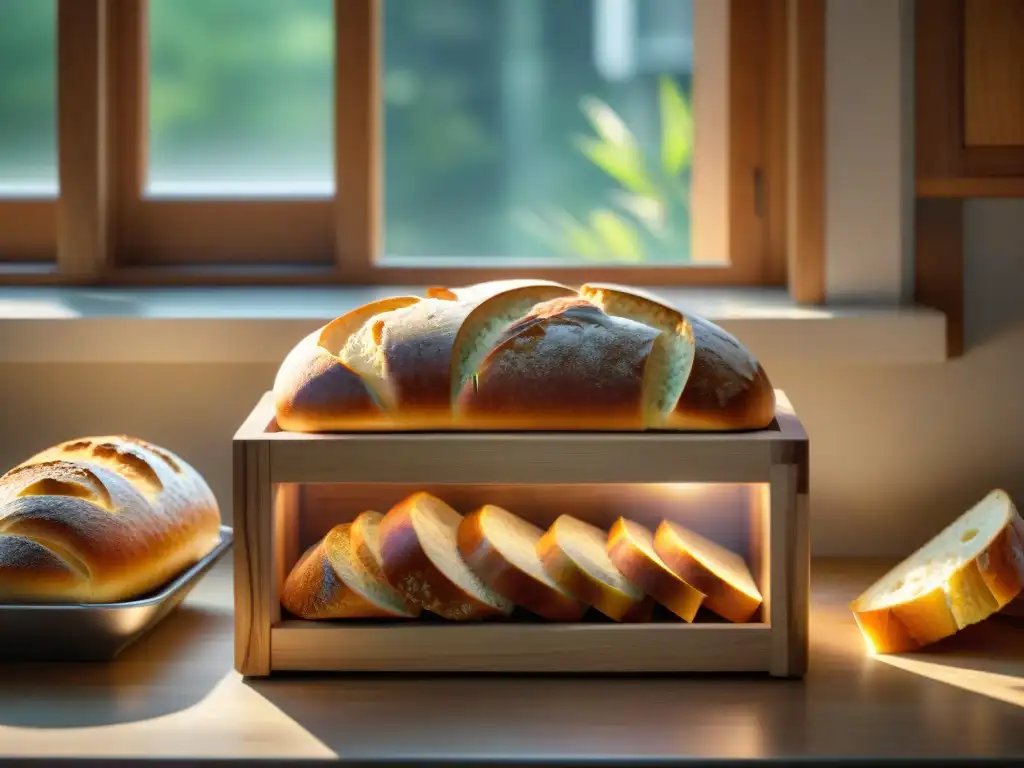 Una caja de pan rústica llena de pan recién horneado en una cocina iluminada por el sol